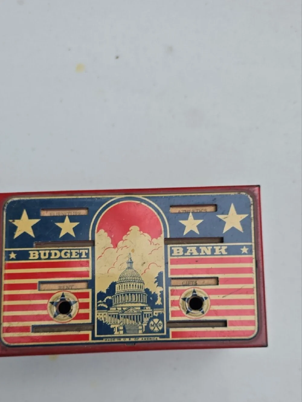 Source Unknown Red, Navy & Gold Vintage-Style Budget Bank Tin